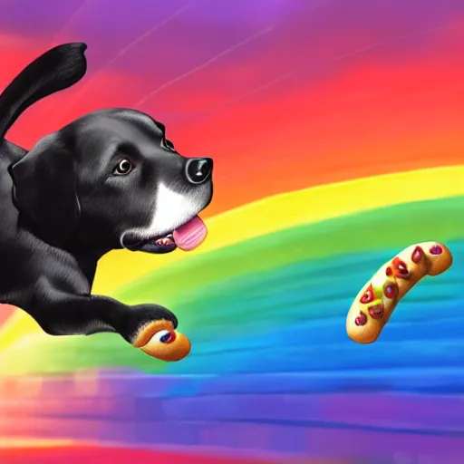 Prompt: adorable cartoon black lab chasing a hotdog across a rainbow bridge, by pixar