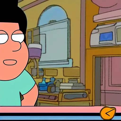 Prompt: a screenshot of Steven Quartz from Steven Universe in Family Guy, low quality, vhs quality,