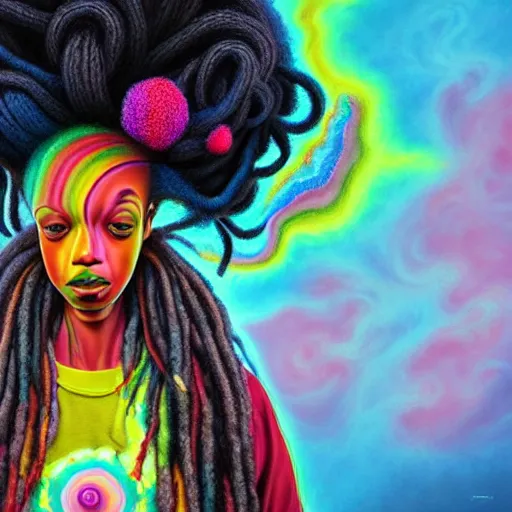 Image similar to a wide angle shot of a black girl with colorful dreadlocks in a field of candy, by Adi granov and afarin sajedi and amanda sage and evgeni gordiets and Agostino Arrivabene and adonna khare in a psychedelic portrait style, ultrarealistic matte painting, volumetric lighting, fractal, extremely symmetrical, highly detailed face, orisha, 8k, hd