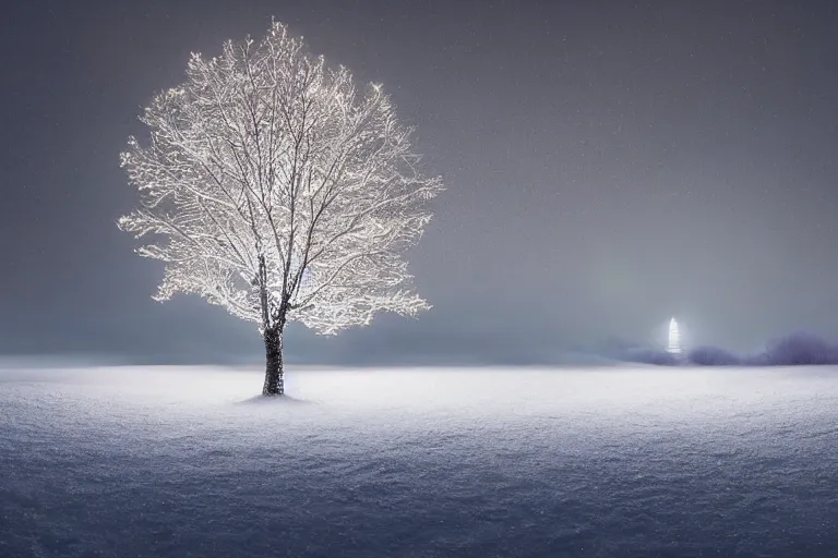 Prompt: a glowing tree of light on a snow covered field, landscape inspired by salvador dali, a matte painting by li shida, cgsociety, context art, redshift, matte painting, reimagined by industrial light and magic