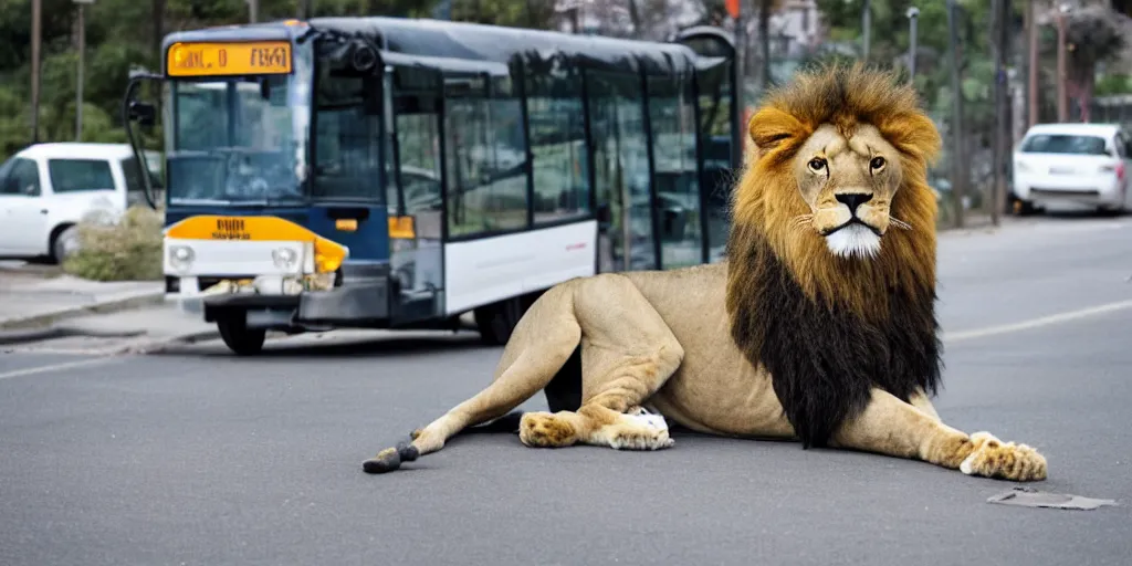 Prompt: a lion waiting at a bus stop