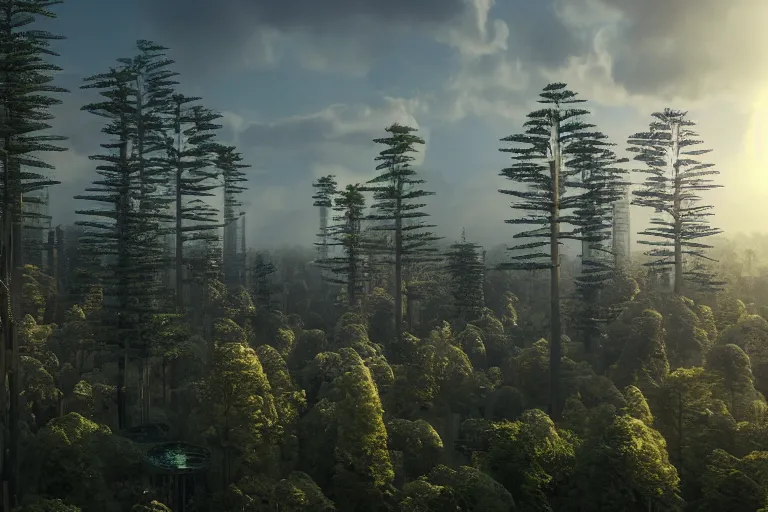 Prompt: a forest, futuristic artificial trees of brutalist architecture, trees covered with greebles, stunning volumetric light, sunset, metal, concrete and wood material, stunning skies, majestic landscape, trending on artstation, 8 k, photorealistic, hyper detailed, unreal engine 5, imax quality, cinematic, epic lighting, in the style of greg rutkowski