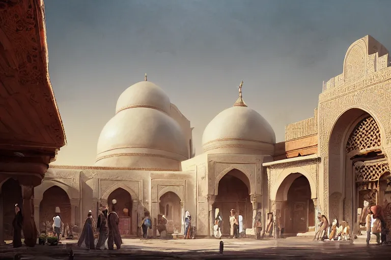 Image similar to Huge Persian white temple in a plaza, round roof. At night low angle in the middle of a adobe house kasbah town, mud and brick houses, merchant street, pueblo dense architecture, colorful crowd. Scenic view at night, underexposed, clean horizon, matte painting by craig mullins and dan mumford, dark fantasy, style of game of thrones, concept art trending on artstation, 4k, insane details