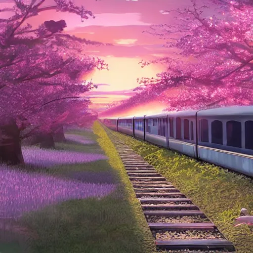 Image similar to a photo realistic anime scene of a train running through a sakura forest on a beautiful sunset. By Makoto shinkai and studio ghibli.