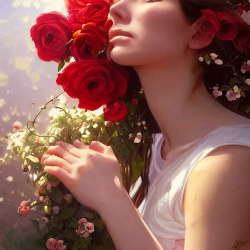 Prompt: woman smelling a flower, roses everywhere, highly detailed, digital painting, artstation, concept art, smooth, sharp focus, illustration, art by artgerm and greg rutkowski and alphonse mucha