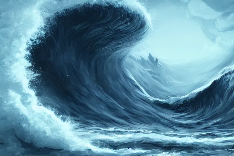 Prompt: cat peeking out from behind a giant tsunami wave, digital painting, epic composition, highly detailed, 8 k