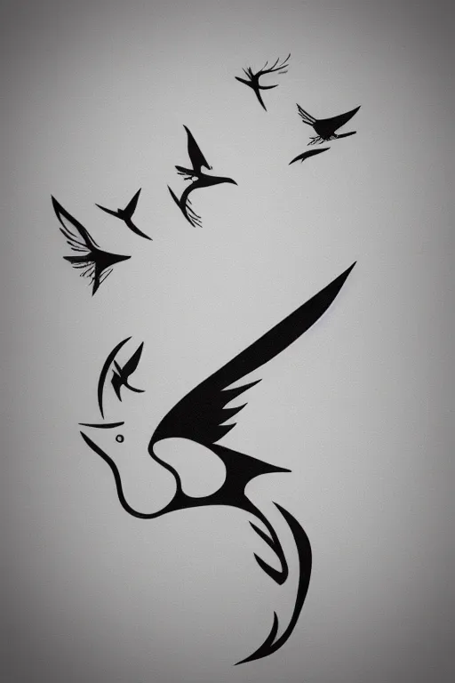 Image similar to a simple tattoo design of minimalist flying birds, by bacht, black ink, logo, line art