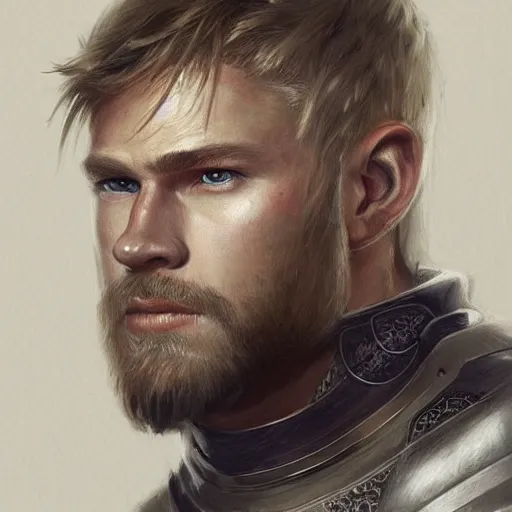 Image similar to a portrait of a medieval knight with a short beard and short blonde hair drawn in the style of greg rutkowski, face of chris hemsworth, trending on artstation, realistic, detailed