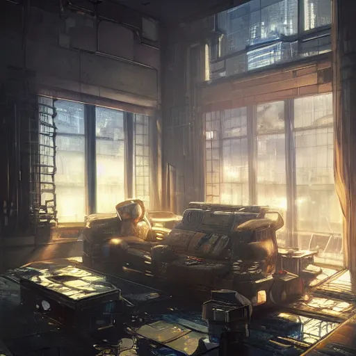 Image similar to cyberpunk living room interior, windows, light rays, buildings, dystoptian, gorgeous view, depth, painted by Seb McKinnon, clouds, tending on artstation