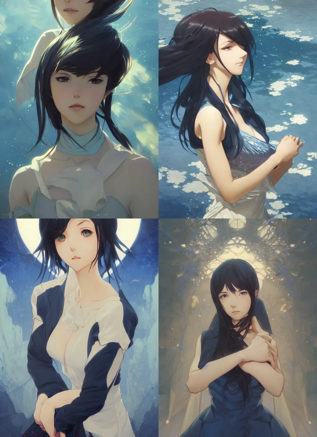 Prompt: anime portrait, intricate, elegant, highly detailed, aquatic blue, digital painting, artstation, concept art, smooth, sharp focus, art by artgerm and greg rutkowski and alphonse mucha, style of makoto shinkai