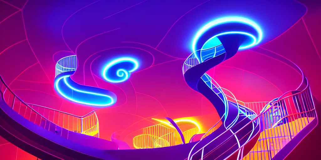 Image similar to spiral lines, minimalistic, extreme wide angle, curved perspective, digital art, subsurface scattering, indoor casino staircase, by anton fadeev, lorax movie, cotton candy smoke, artstation, neon lights