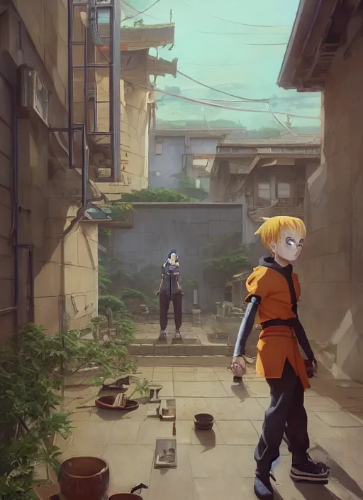 Image similar to highly detailed krillin standing outside building with a window with metal bars and naruto uzumaki with black hair behind them art by greg rutkowski, loish, rhads, ferdinand knab, makoto shinkai and lois van baarle, ilya kuvshinov, rossdraws, tom bagshaw, global illumination, radiant light, detailed and intricate environment