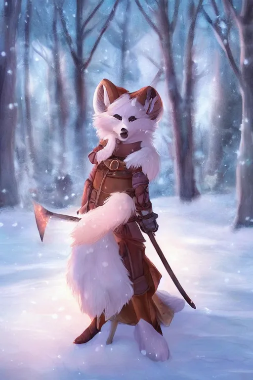 Image similar to a pretty medieval anthropomorphic snow fox ranger with a fluffy tail in the forest, comic art, trending on furaffinity, cartoon, kawaii, backlighting, furry art!!!, radiant light, bokeh, trending on artstation, digital art
