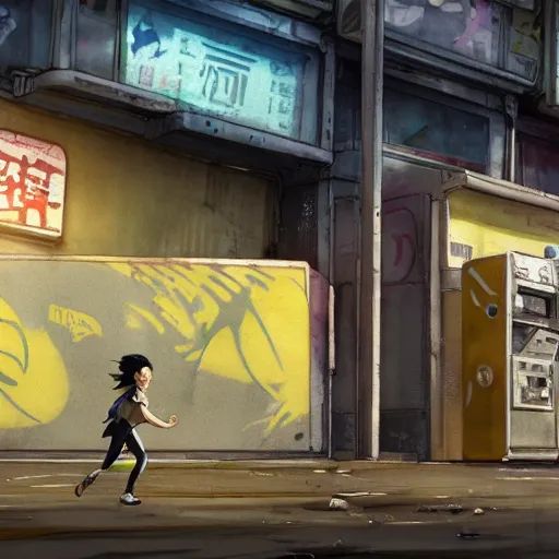 Image similar to incredible wide screenshot, ultrawide, simple watercolor, rough paper texture, ghost in the shell movie scene, backlit distant shot of girl in a parka running from a giant robot invasion side view, yellow parasol in deserted dusty shinjuku junk town, broken vending machines, bold graphic graffiti, old pawn shop, bright sun bleached ground, mud, fog, dust, windy, scary robot monster lurks in the background, ghost mask, teeth, animatronic, black smoke, pale beige sky, junk tv, texture, brown mud, dust, tangled overhead wires, telephone pole, dusty, dry, pencil marks, genius party,shinjuku, koji morimoto, katsuya terada, masamune shirow, tatsuyuki tanaka hd, 4k, remaster, dynamic camera angle, deep 3 point perspective, fish eye, dynamic scene