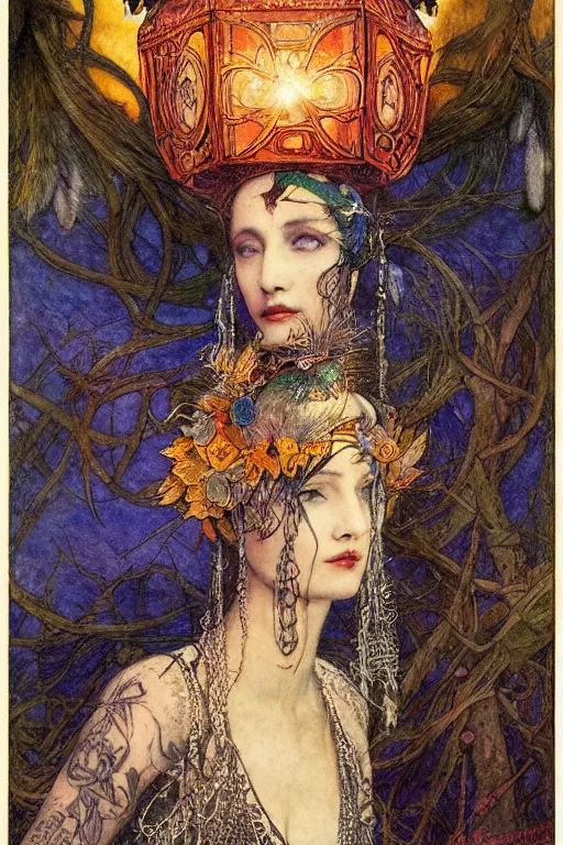 Image similar to queen of the dawn with her lantern and birds, by Luis Royo Annie Swynnerton and Nicholas Roerich Edmund Dulac, tattooed face, elaborate headdress and embroidered velvet, iridescent beetles, rich color, dramatic cinematic lighting, extremely detailed