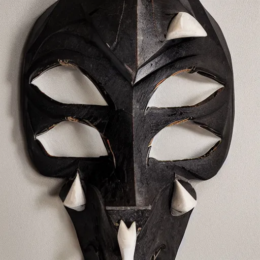 Image similar to symmetrical product photograph of a highly detailed ominous mask made from fragmented bone and obsidian, angry