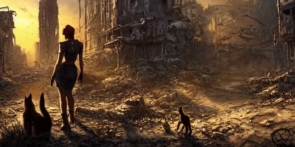 Image similar to fallout 5 concept art, female protagonist and feline companion, outdoor scene, some in the ruined city, atmospheric lighting, painted, cinematic, wide angle shot, intricate, volumetric lighting, beautiful, gritty, rich deep colours masterpiece, golden ratio, golden hour, sharp focus, ultra detailed by jack kirby, ignacio fernandez rios, thierry doizon