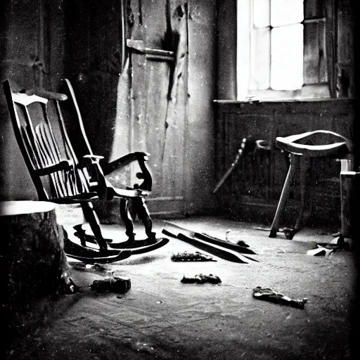 Prompt: Knives are strewn across the floor. Their blades reflect the light peeking in from the windows as they lie eerily in a jagged line like broken teeth. Burning flames dance gently in a fireplace. Smoke rises into the air, curling and twisting with no way out. A rocking chair sits on the opposite side of the room, its seat carved with a serpent's head. The arms of the chair are draped with blankets while one leg is propped up against a table that's covered with scattered books and pieces of paper.