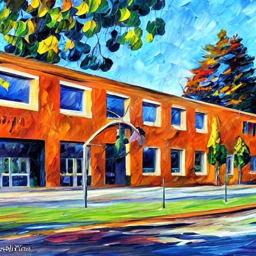 Image similar to young building, camosun college, in victoria bc, painted by leonid afremov