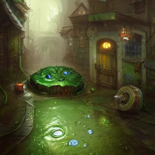 Prompt: anthropomorphic green puddle with an angry sneer lurking in a damp alleyway , concept art, painting by Justin Gerard