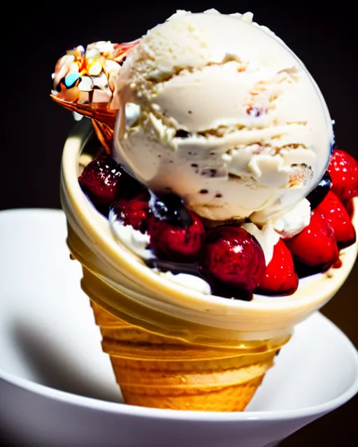 Image similar to dslr food photograph of an ice cream sundae with a shrimp on. 8 5 mm f 1. 4