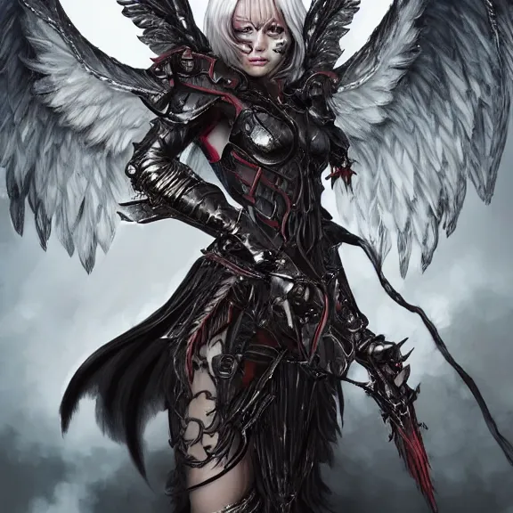 Image similar to A female angel with a dark armour and one pair of vig devil wings , D&D , fantasy , highly detailed, digital art, artstation, smooth, sharp focus, fantasy illustration, art by Peter Tang and artgem and Alina Ivanchenko and Hirokazu Yokohara and Kago Shintaro