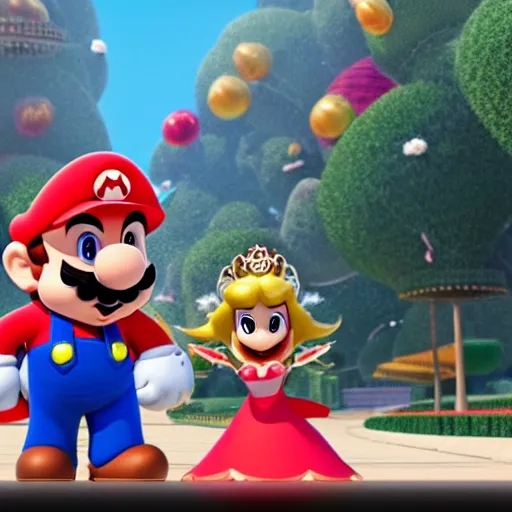 Prompt: super mario and hispanic princess peach spicy latina in pixar animated movie 4k octane render