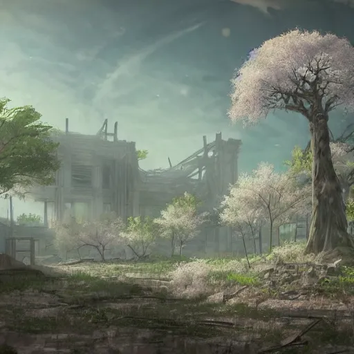 Prompt: apocalyptic ruins. One single lush Sakura tree growing. Atmospheric lighting, gloomy, dark, end of the world, ruins, everything is dead, post apocalyptic. Makoto Shinkai, anime, trending on ArtStation, digital art.