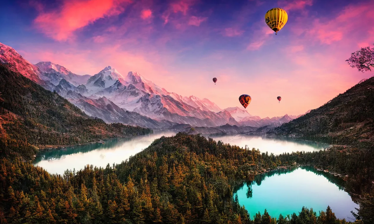 Prompt: breathtaking himalayan landscape, pastel sunset, lake, pine trees, hot air balloon, last light on a mountain top, dreamy colors, photorealistic, landscape photography, beautiful, 4 k, trending on artstation, serene, bliss, national geographic
