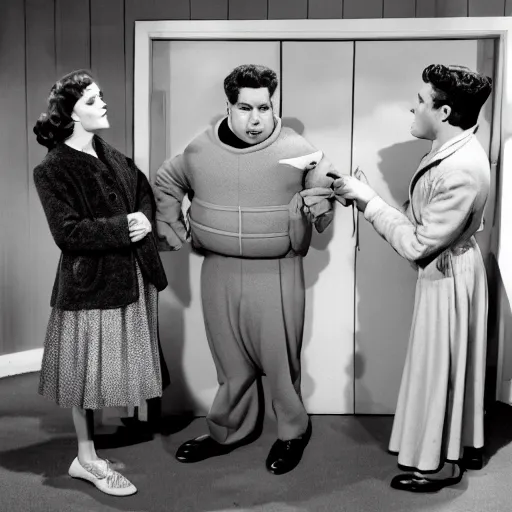 Image similar to 5 0 s tardigrade sitcom about giant tardigrades living in a house and wearing clothes. no one but tardigrades are on the show.