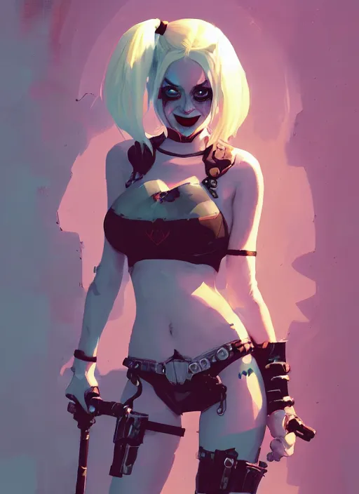 Image similar to portrait of cute harley quinn in cyber bikini armor, warhammer, cyberpunk, by atey ghailan, by greg rutkowski, by greg tocchini, by james gilleard, by joe fenton, by kaethe butcher, by gustav klimt, dynamic lighting, gradient light blue, brown, blonde cream and white color in scheme, grunge aesthetic