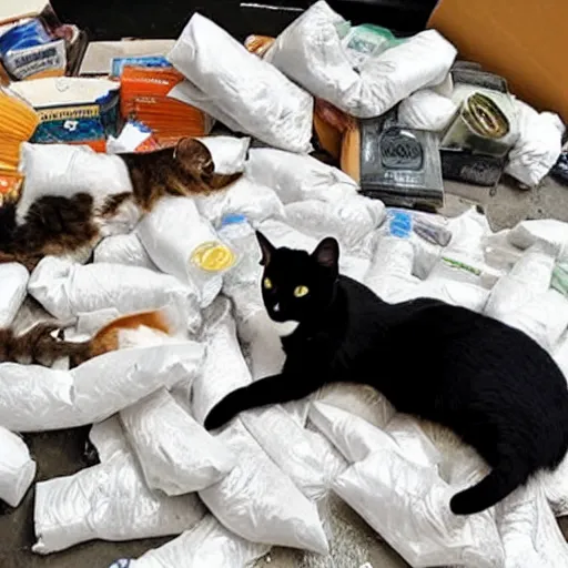 Image similar to A tuxedo cat lying on top of a pile of narcotics seized by the authorities with the police in the back, photo from the police