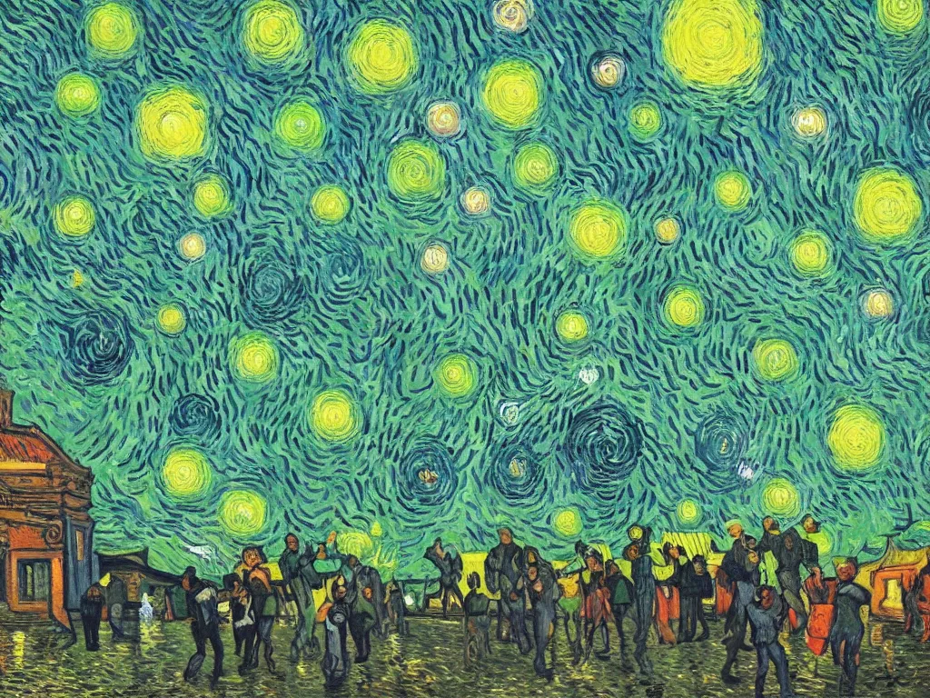 Prompt: bright beautiful oil painting of space aliens abducting people from arles france with a glowing green light, light scatter, van gogh