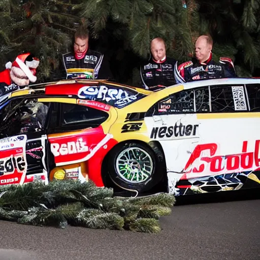 Image similar to Petter Solberg after he crashed into the christmas tree