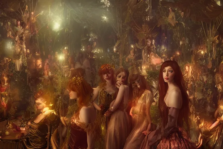 Prompt: enchanted fae carnival, re-raphaelite fairies, featured on artstation, richly dressed crowd, unreal engine, dramatic cinematic lighting smooth, sharp focus, extremely detailed