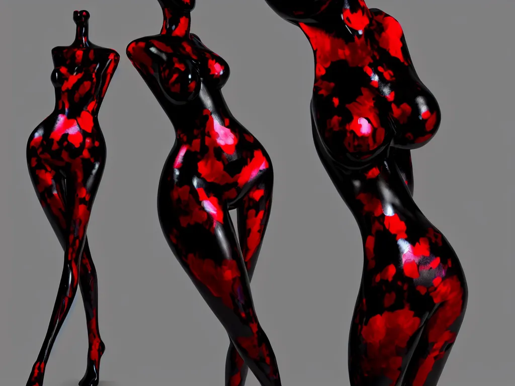 Image similar to a beautiful red and black 3 d geometrically printed mannequin in the style of james jean, chrome orchids dripping black iridescent liquid, winged victory, moody, dramatic, introspective, 4 k, trending on artstation, photorealistic, volumetric lighting, octane render