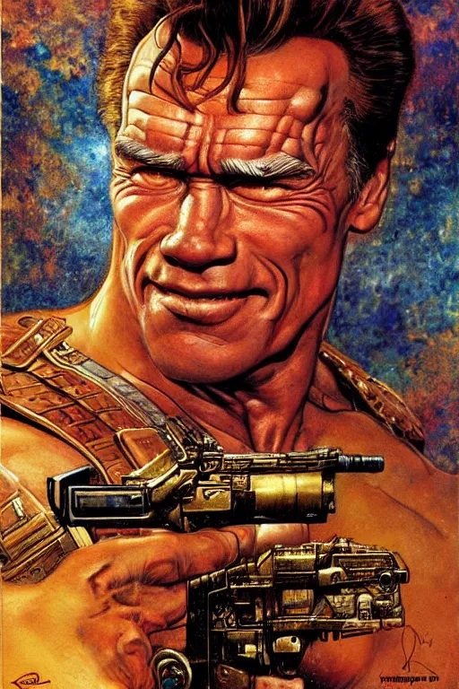 Prompt: character art the contra, bill rizer, arnold schwarzenegger, by karol bak, jean deville, gustav klimt