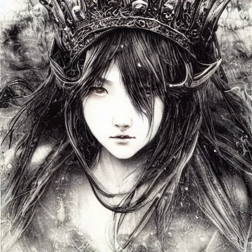 Image similar to yoshitaka amano blurred and dreamy illustration of a girl with black eyes, wavy white hair fluttering in the wind wearing elden ring armor and crown with engraving, highly detailed face, abstract black and white patterns on the background, noisy film grain effect, highly detailed, renaissance oil painting, weird portrait angle, blurred lost edges, three quarter view