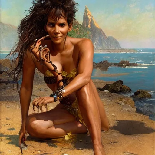 Image similar to highly detailed portrait of halle berry, d & d. wearing a bikini, art by donato giancola, eugene delacroix, ruan jia, carl larsson, peter mohrbacher. trending on artstation, intricate details, energetic composition, golden ratio, concept art, illustration, elegant art, global illuminaition