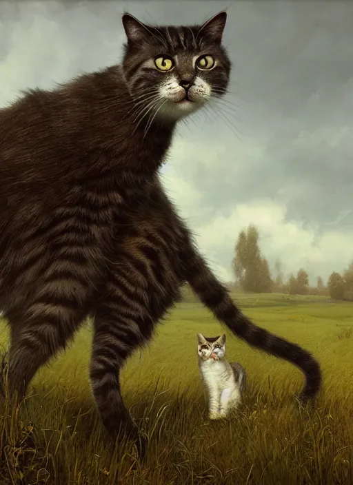 Prompt: the cat in the field from poppy and tulip, hyperrealism, no blur, 4 k resolution, ultra detailed, style of ivan shishkin, tyler edlin, tom bagshaw, arthur rackham