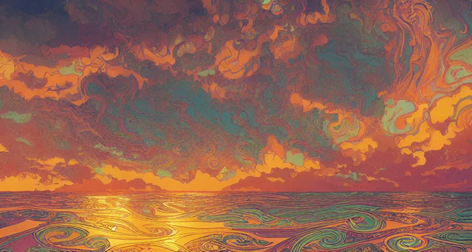 Prompt: sublimely psychedelic stormy 🌊 ocean, paisley pattern ripples, backlit, sunset, refracted lighting, outdoors, paisley pattern, elegant, 8 k resolution, intricate and fine details, digital painting, artstation, illustration, psychedelic ocean art, krenz cushart, alphonse mucha