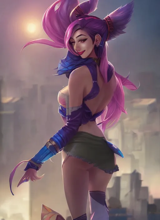 Prompt: league of legends jinx, standing on roof of building, art by artgerm, charlie bowater, ross tran.