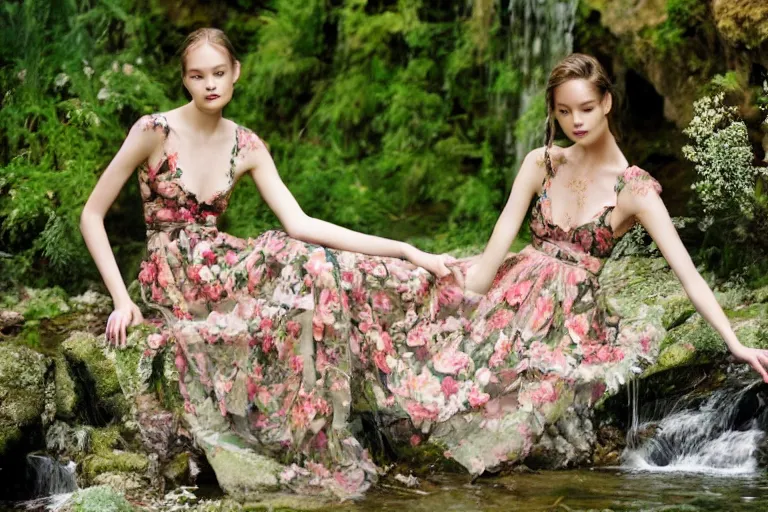 Prompt: cute model in nature wearing valentino 2 0 0 9 spring floral, lace, patterned, sheer skirt, lounging by a waterfall, tranquil fashion scene