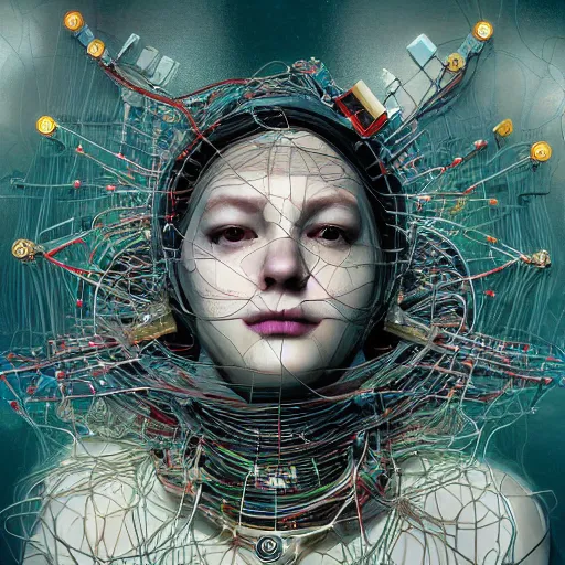 Image similar to give me a higher love, piles of modular synth cables, goddess swimming up wearing a headpiece made of circuit boards, by cameron gray, wlop, stanley kubrick, masamune, hideki anno, jamie hewlett, unique perspective, trending on artstation, 3 d render, vivid