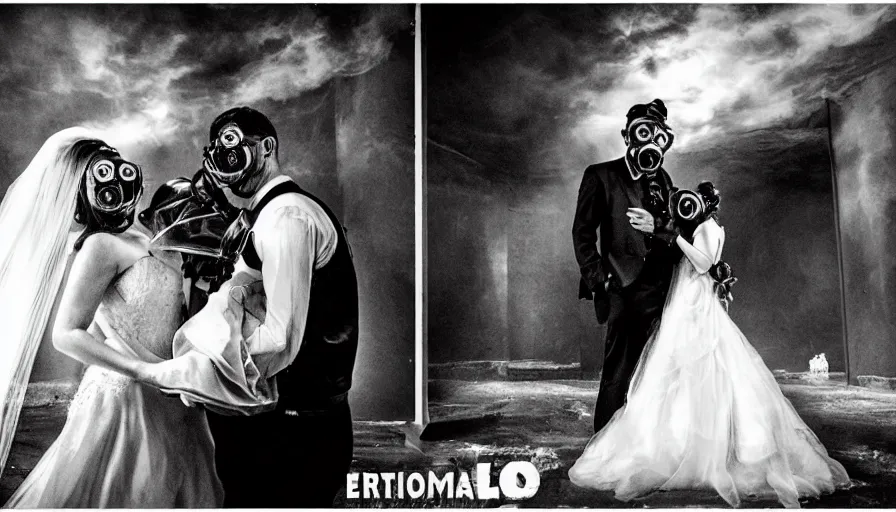 Image similar to disturbing big budget hollywood movie bride and groom wearing gas masks at the marriage of reason and squalor perfect composition dramatic lighting chiaroscuro