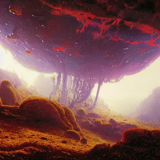 Prompt: A lovely picture of an alien landscape with mycelium aliens by John Berkey, by George Inness, by john Harris, forest made out of mushroom, purple and red and white gradient colour theme, trending on DeviantArt, rendered in blender, 8k resolution, Mountains, no green