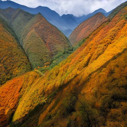 Prompt: Qinling Mountains in autumn, colorful