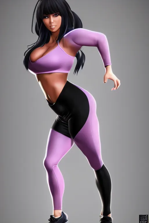 Image similar to photorealistic 3 d render of kim kardashion as an impossibly curvy anime girl wearing a gym outfit, by artgerm and earl norem, featured on pixiv, booru, exaggerated proportions, high resolution digital art, 4 k, beautiful symmetric face, subsurface scattering, volumetric lighting, realistic skin texture, aesthetic!!!!!