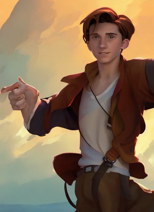 Prompt: skinny young tom holland as jim hawkins from treasure planet, dynamic lighting, path traced, atmospheric, highly detailed, high quality, beautiful painting, octane render, don bluth, ross tran, studio ghibli, alphonse mucha, jama jurabaev, extremely detailed, brush strokes, artstation, artgerm