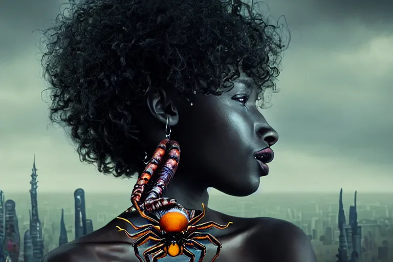 Prompt: realistic detailed closeup portrait movie shot of a beautiful black woman with a giant spider, dystopian city landscape background by denis villeneuve, amano, yves tanguy, alphonse mucha, max ernst, ernst haeckel, kehinde wiley, caravaggio, cyber necklace, rich moody colours, sci fi patterns, wide angle